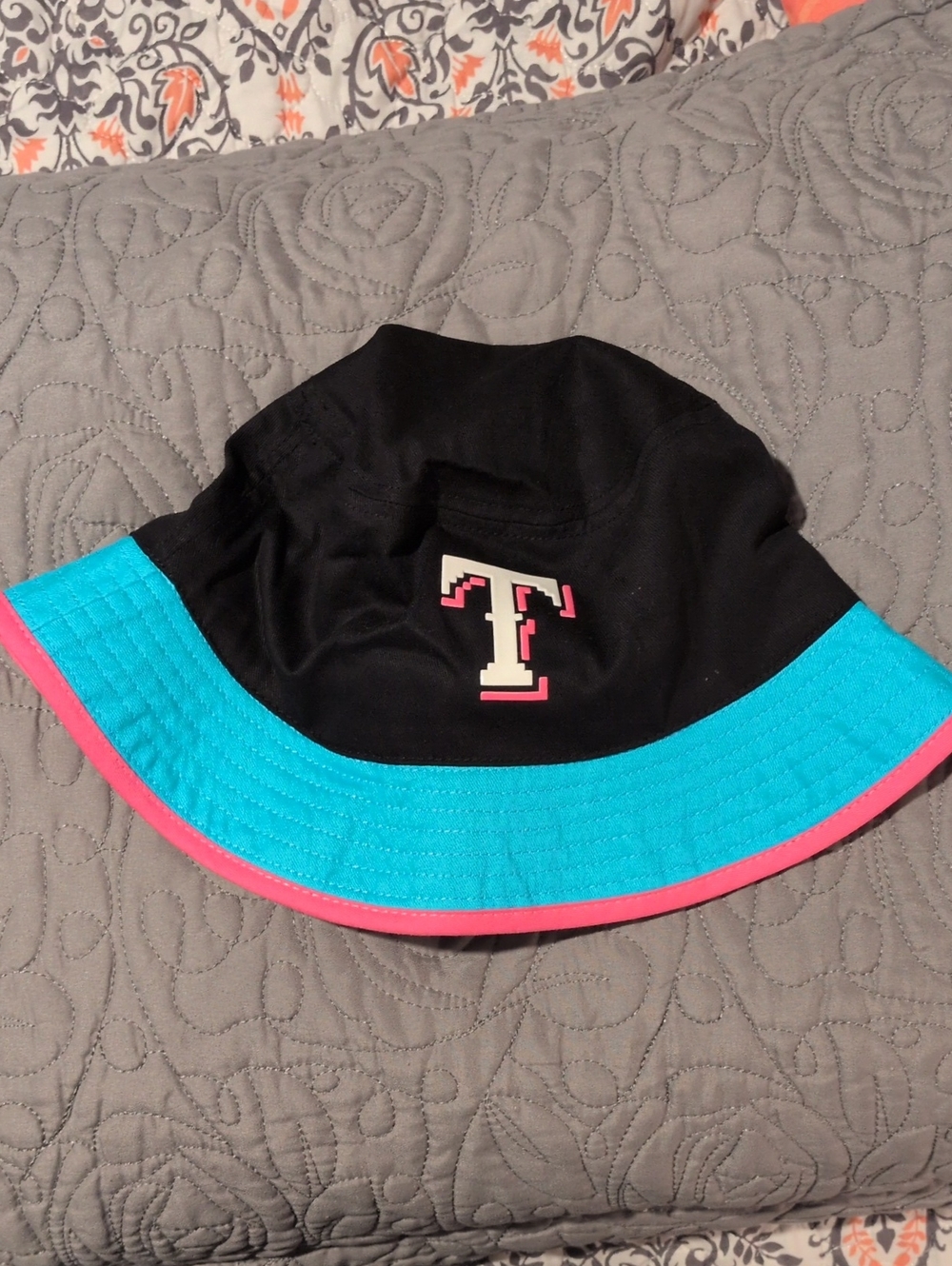 Texas Rangers Logo Black Bucket Hat with Teal and Pink Trim